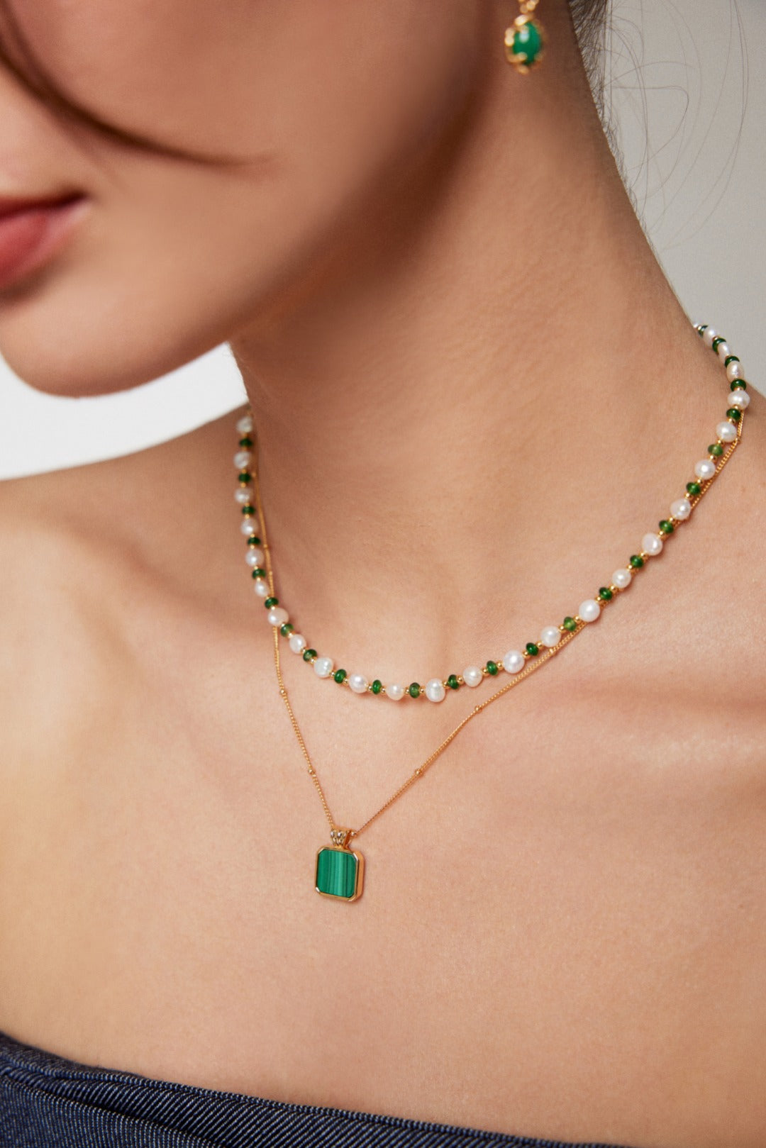 S925 silver necklace plated with 18k gold and featuring a malachite pendant love story jewelry
