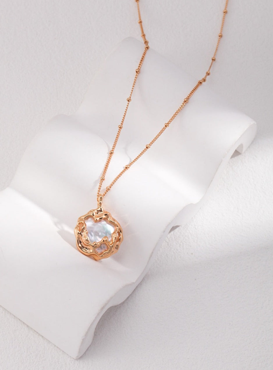 18K gold necklace with a natural circular baroque pendant-love story jewelry