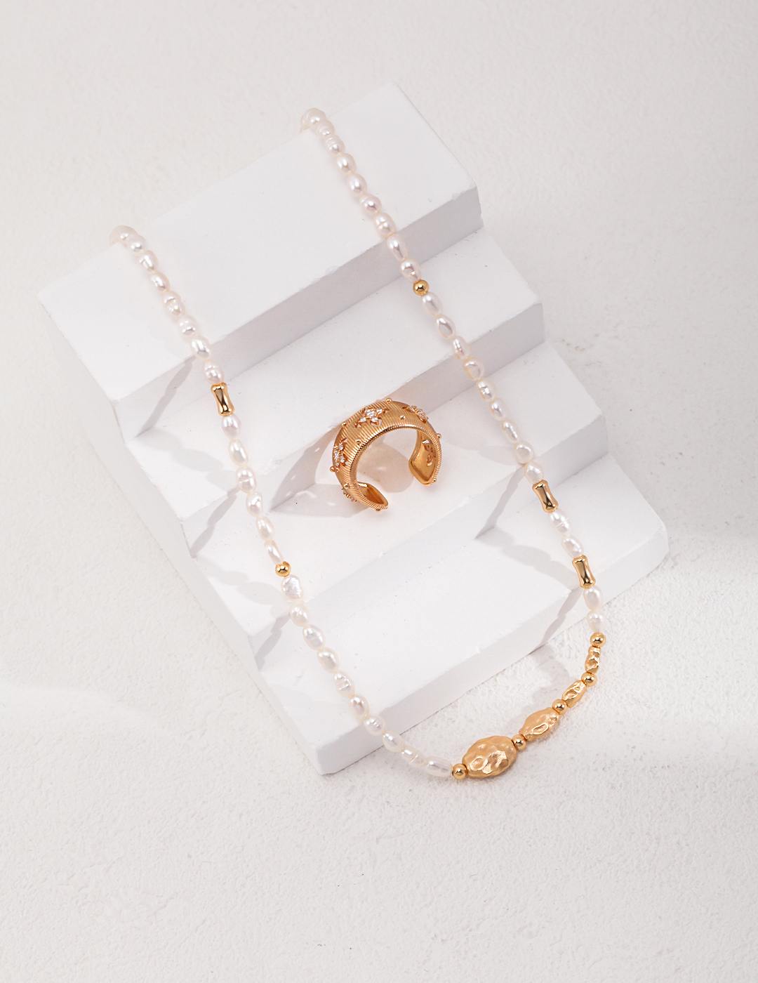 “Meteorite” Texture Sterling Silver Pearl Necklace