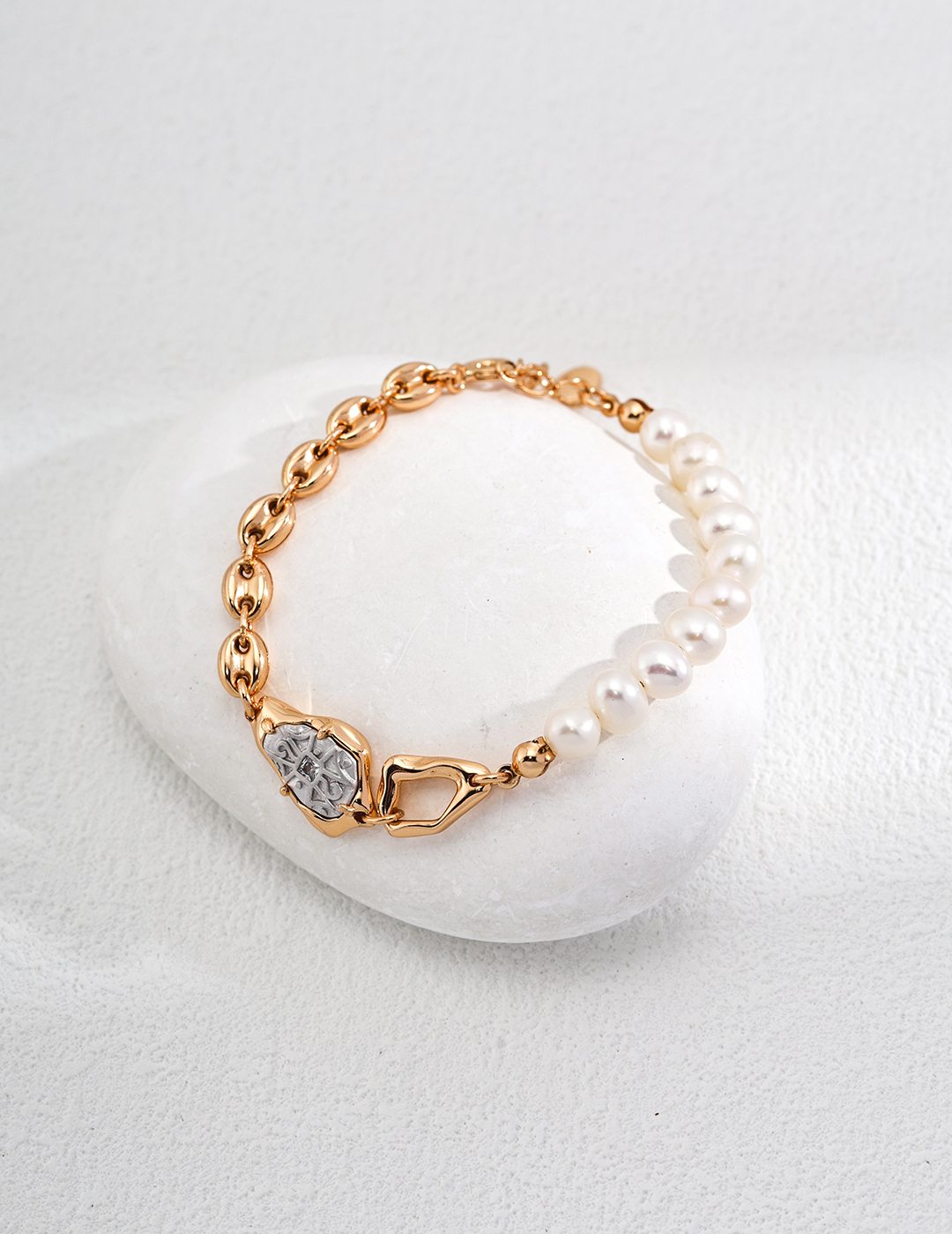 "Meteorite" 18K gold and sterling silver bracelet with natural pearls-love story jewelry