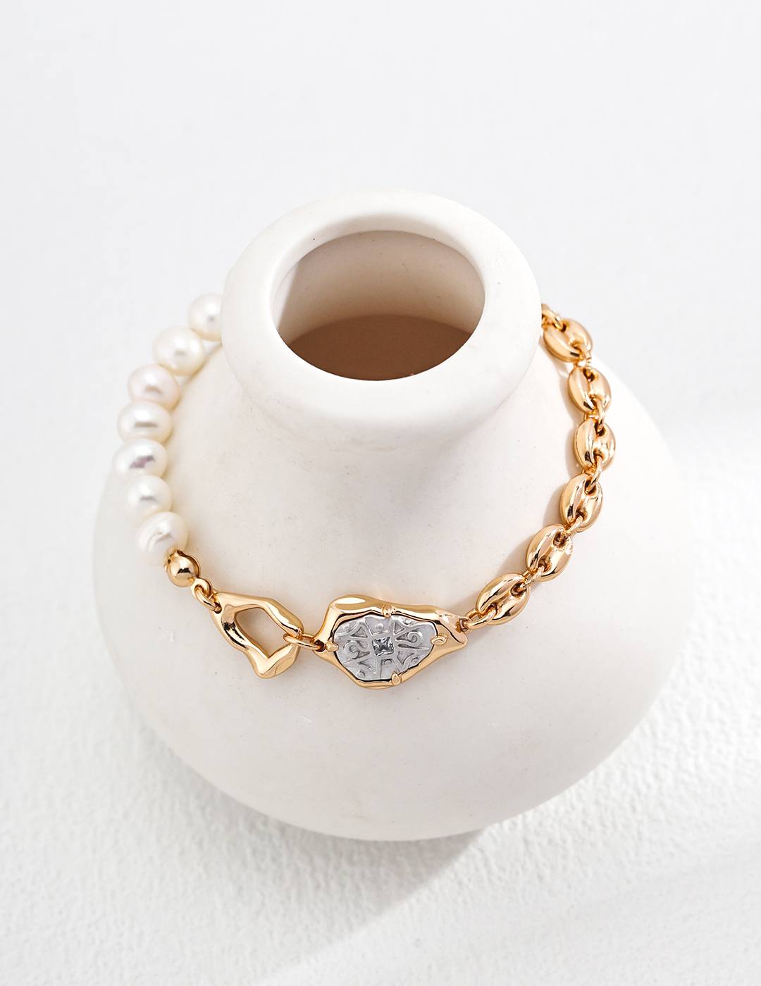 "Meteorite" 18K gold and sterling silver bracelet with natural pearls-love story jewelry