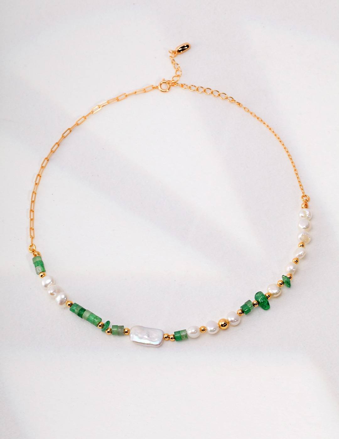 'Mint' 18K gold necklace with aventurine, green strawberry quartz, and natural pearls-love story jewelry