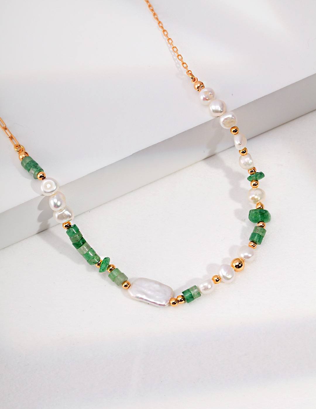 'Mint' 18K gold necklace with aventurine, green strawberry quartz, and natural pearls-love story jewelry