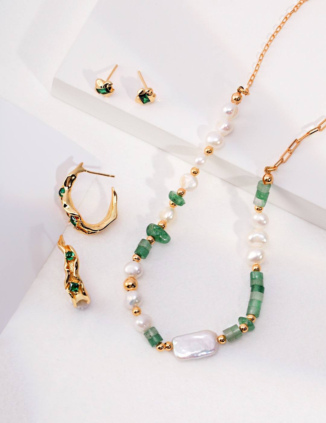 'Mint' 18K gold necklace with aventurine, green strawberry quartz, and natural pearls-love story jewelry