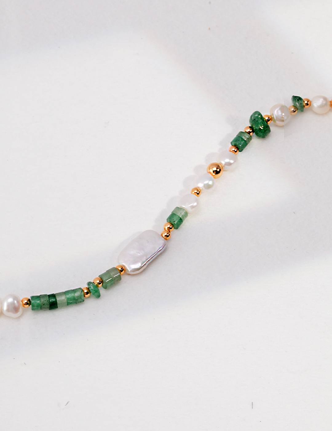 'Mint' 18K gold necklace with aventurine, green strawberry quartz, and natural pearls-love story jewelry