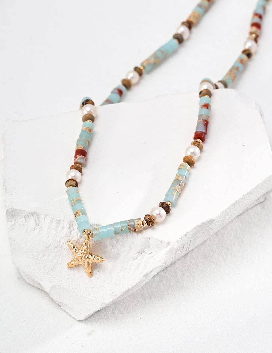 Colorful agalmatolite necklace with starfish design summer beach vacation vibe-love story jewelry
