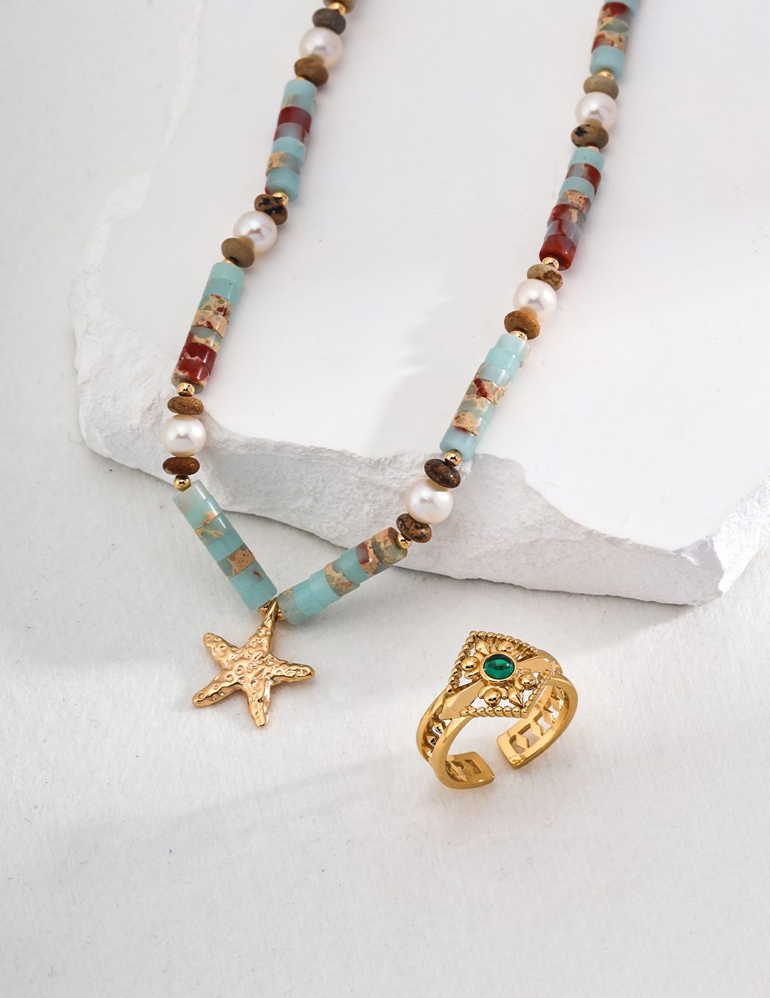Colorful agalmatolite necklace with starfish design summer beach vacation vibe-love story jewelry