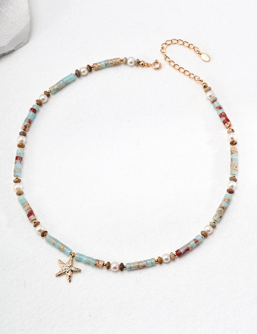 Colorful agalmatolite necklace with starfish design summer beach vacation vibe-love story jewelry